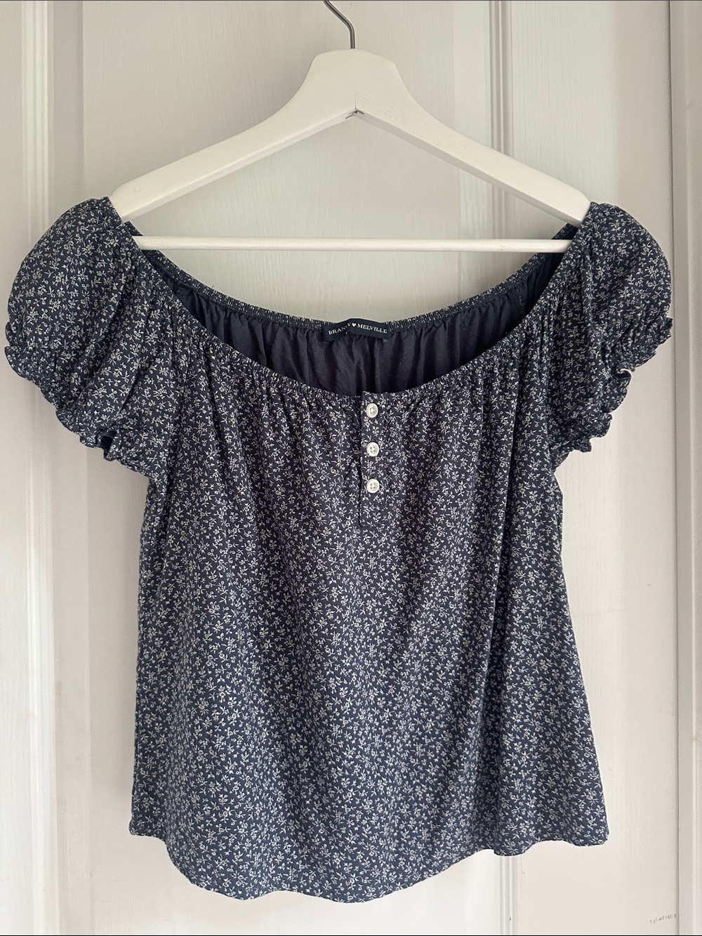 Brandy Melville Navy Floral Off-Shoulder Peasant Top